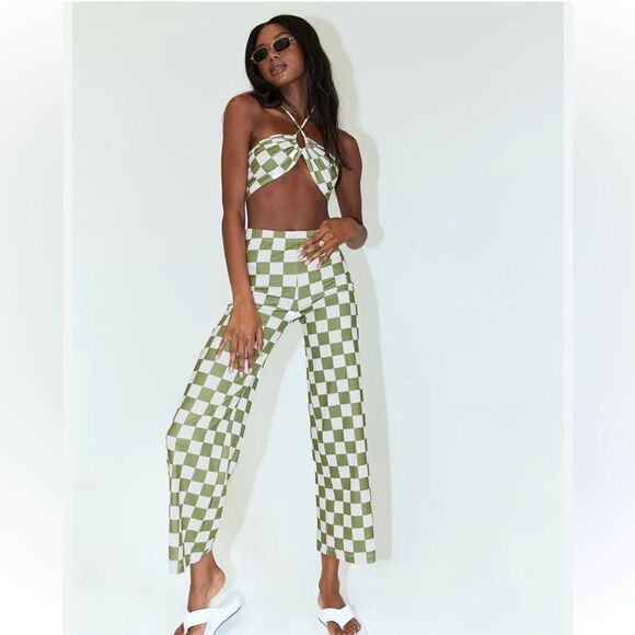 Princess Polly Pants - Princess Polly Latina Set Green Checkerboard Pattern 2 Piece Set Size 12 Halter